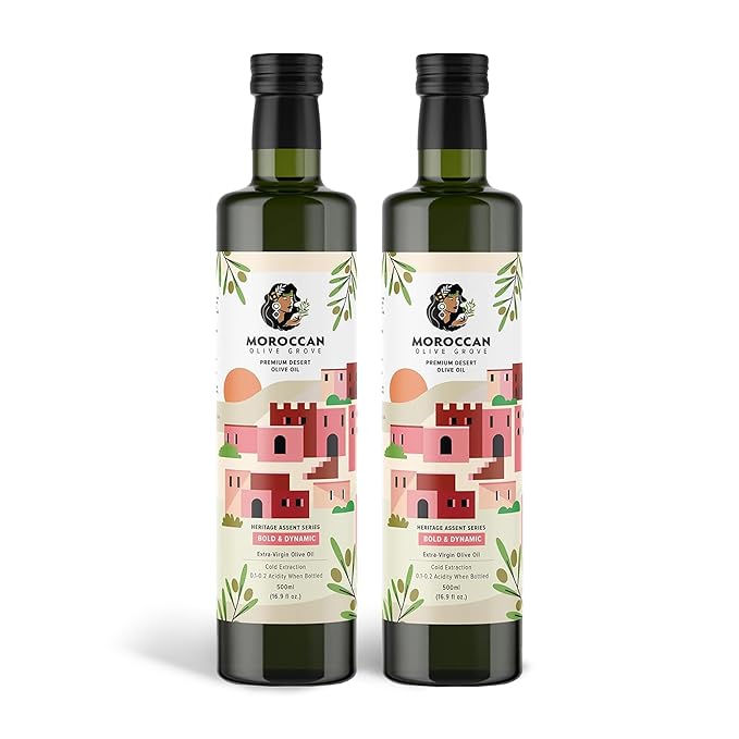 MOROCCAN OLIVE GROVE - The Red Olive Oil, Bold & Dynamic Cold-Pressed Desert Olive Oil Extra Virgin, Versatile Cooking Essential Made from Single-Origin Fresh Olives, 2-Pack, 500 ml per Bottle