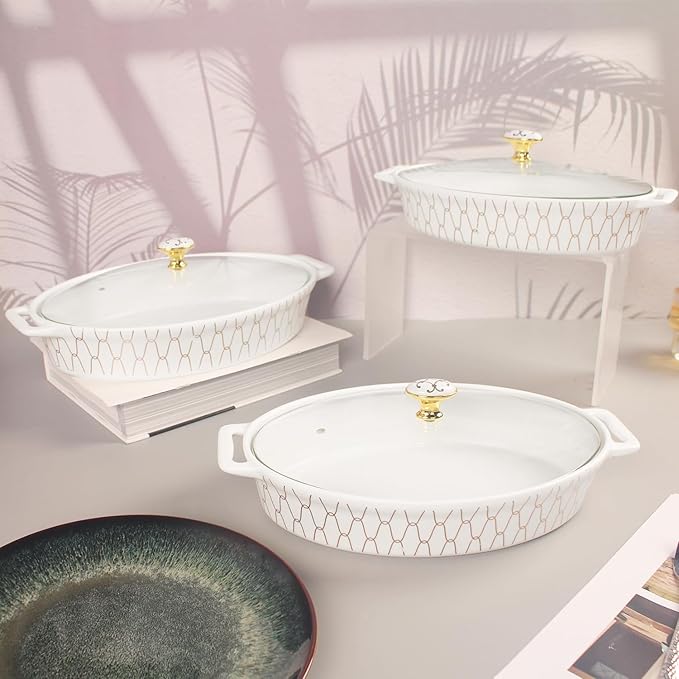 12" x 8" Ceramic Oval Casserole Dish with Glass Lid, 1.7 QT Serving Soup Tureen,Chafing Dish for Buffet, Family Food preserve Tray, Catering Casserole for Party Style