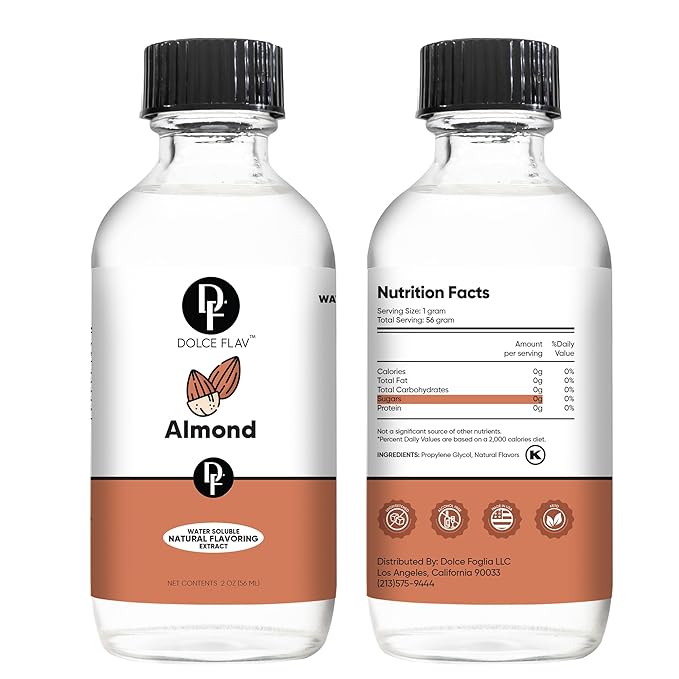 Dolce Flav Natural Almond Extract ??2 Ounce Water-Soluble Kosher, Sugar-Free, Concentrated Pure Almond Flavoring for Baking, Pastries & Beverages, Includes Measured Dropper