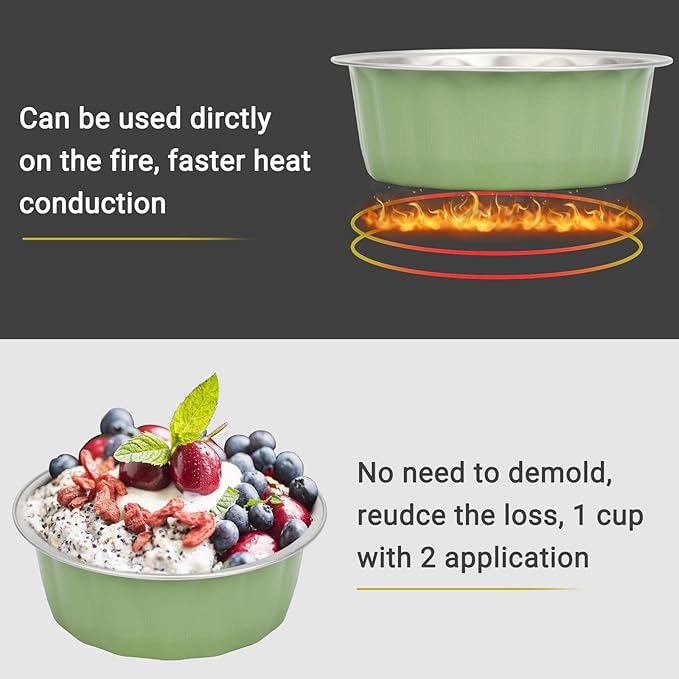 Beasea Disposable Ramekins 8oz, 100 Pack Pea Green Aluminum Foil Cups with Lids, Disposable Creme Brulee Muffin Cupcake Baking Cup Mini Pudding Cups for Party Wedding Birthday