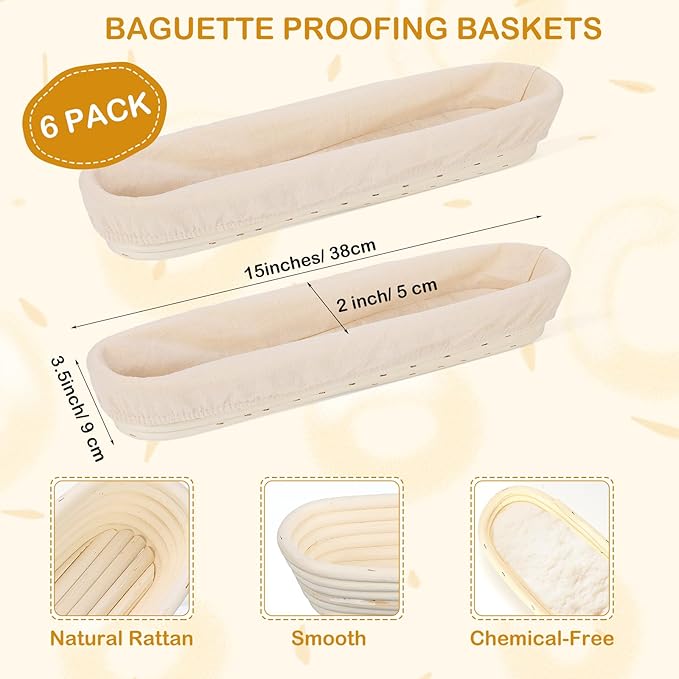 Vesici 15 Inches Baguette Banneton Proofing Basket 6 Pack with Linen Liner Baguette Banneton Bread Baking Baskets Rattan Dough Proofing Baskets for Baguette, Home Bake, Bakers Supplies, Baking Gifts