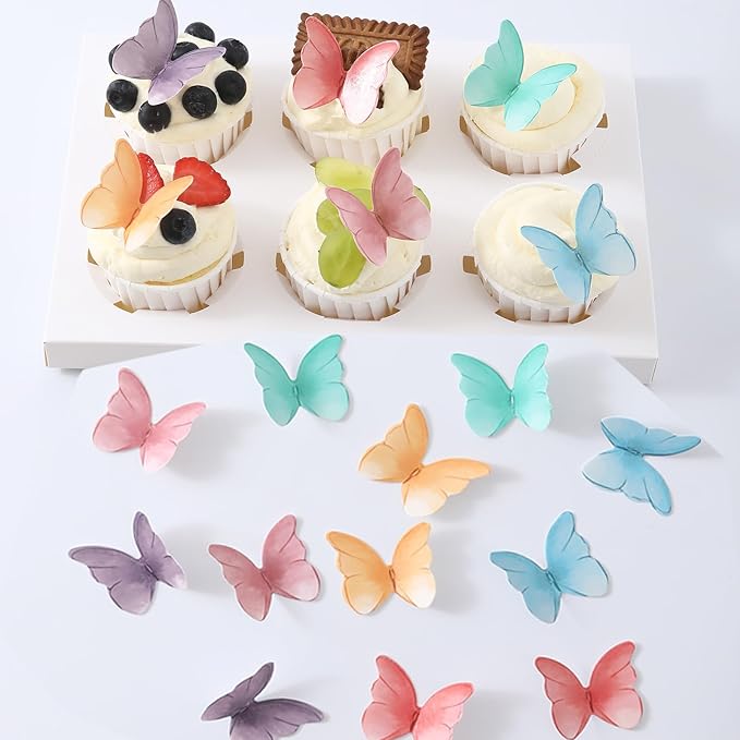 THJ 48Pcs Edible Butterflies for Cake Decorating Wafer Paper Butterflies For Wedding Birthday Party Cake Decoration (Mix Color)