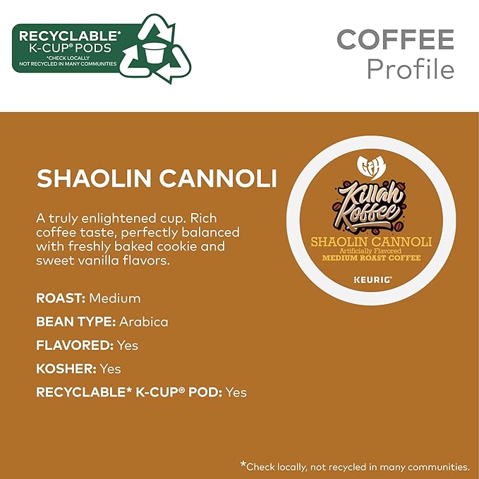 Killah Koffee Shaolin Cannoli, Keurig Single-Serve K-Cup Pods, Flavored Coffee, 10 Count