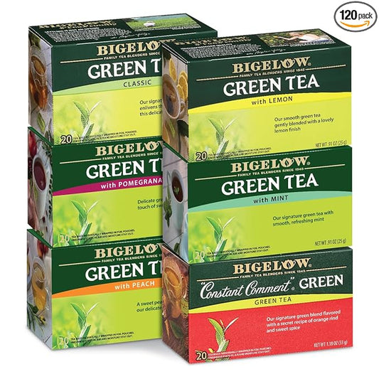 Bigelow Tea Green Tea Variety Pack, Classic Green Tea, Lemon, Pomegranate, Mint, Peach and Constant Comment Flavors, 20 Count Box (Pack of 6), 120 Total Tea Bags
