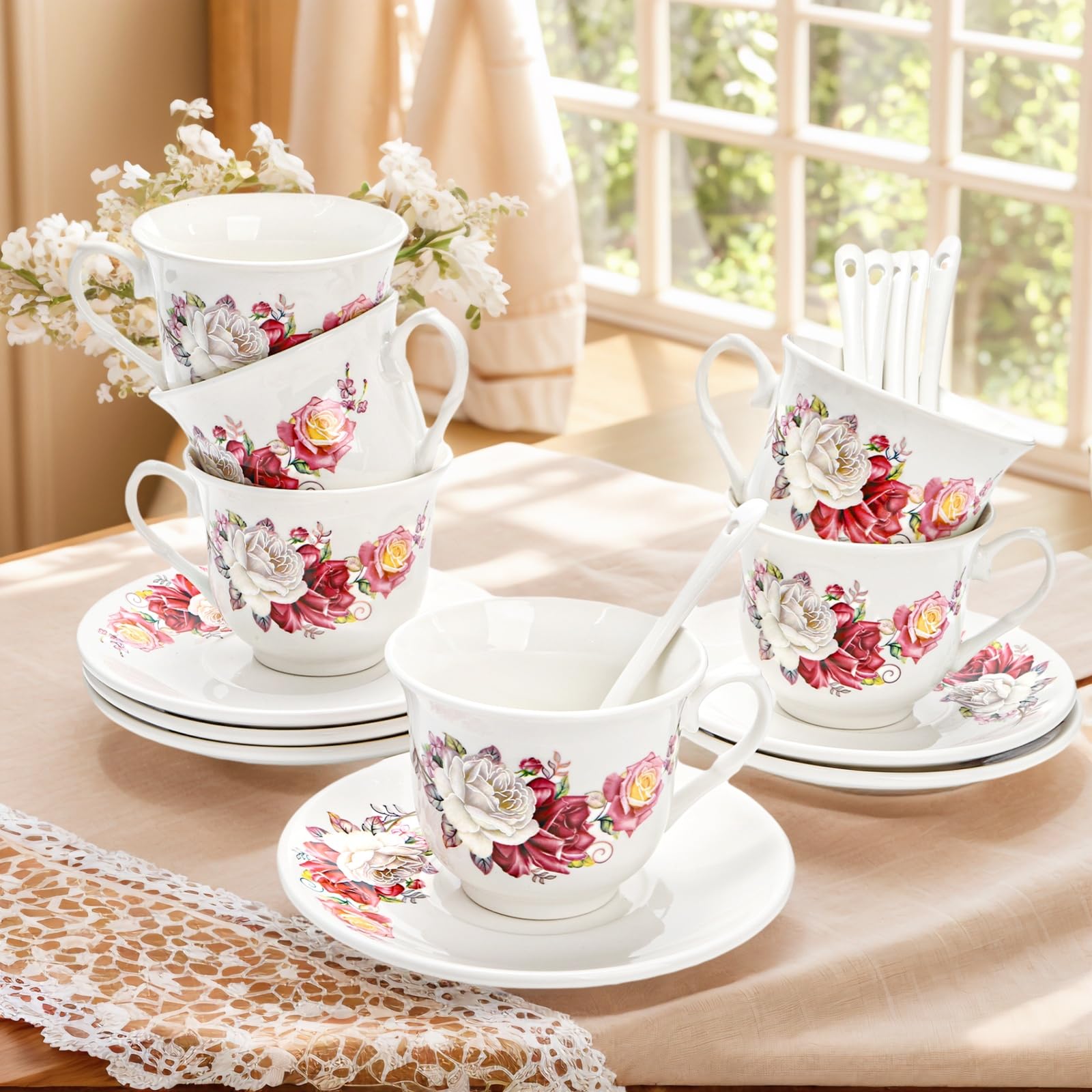 WRINGKIT Tea Cups and Saucers Set of 6, 6 Oz Porcelain Teacup with Spoon