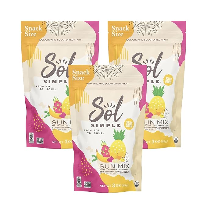 SOL SIMPLE Organic Dried SUN MIX | 3oz Snack Pack (3 Bags Total) | Three Ingredients | Vegan | Non-GMO | No Added Sugar | Fair Trade | Dried Fruit No Sugar Added