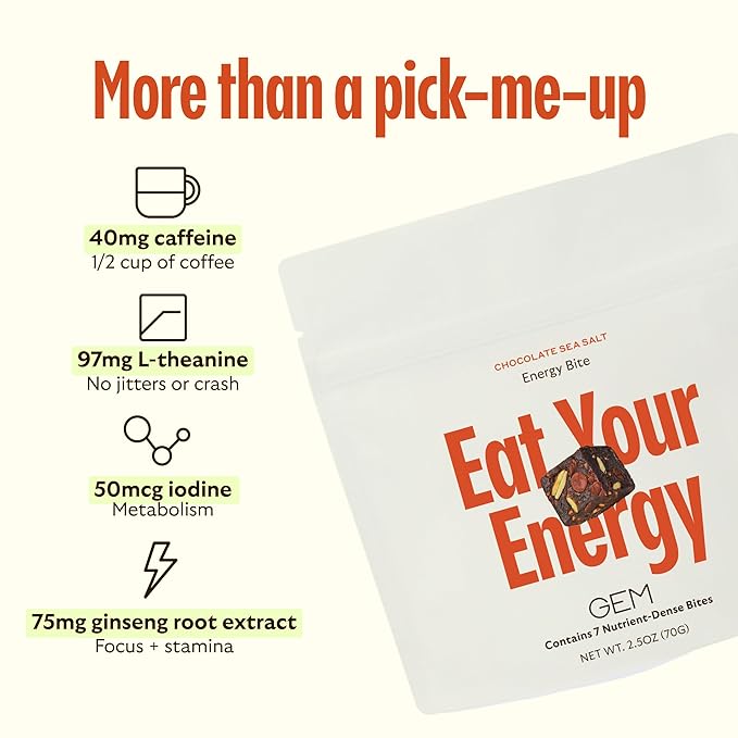 GEM Energy Caffeinated Bite | Holistic Sustained Energy | Supports Metabolism, Stamina & Endurance | 40mg Caffeine, Ginseng Root, L-Theanine | Chocolate Cacao Sea Salt | 7 Servings