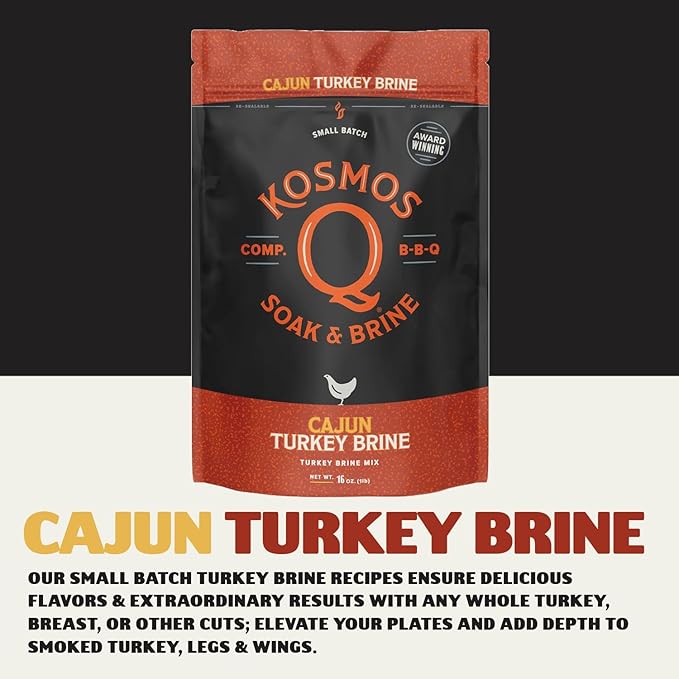 Kosmos Q Cajun Turkey Soak & Brine, Fiery Brown Sugar & Worcestershire Spice Blend for Whole Bird, Breasts, Legs, Roasting, Smoking, Frying, Locks In Moisture, Deep Flavor, Simple Prep, 16 Oz Bag