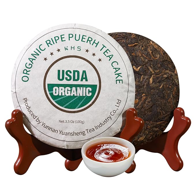 KHS Organic Ripe Pu Erh Tea Cake, 3.53 Oz USDA Certified Organic Puerh Tea Cake, No Dust Production Workshop, Aged Chinese Yunnan Ancient Tree Pu'erh, Woody, Deep Earthy Flavor