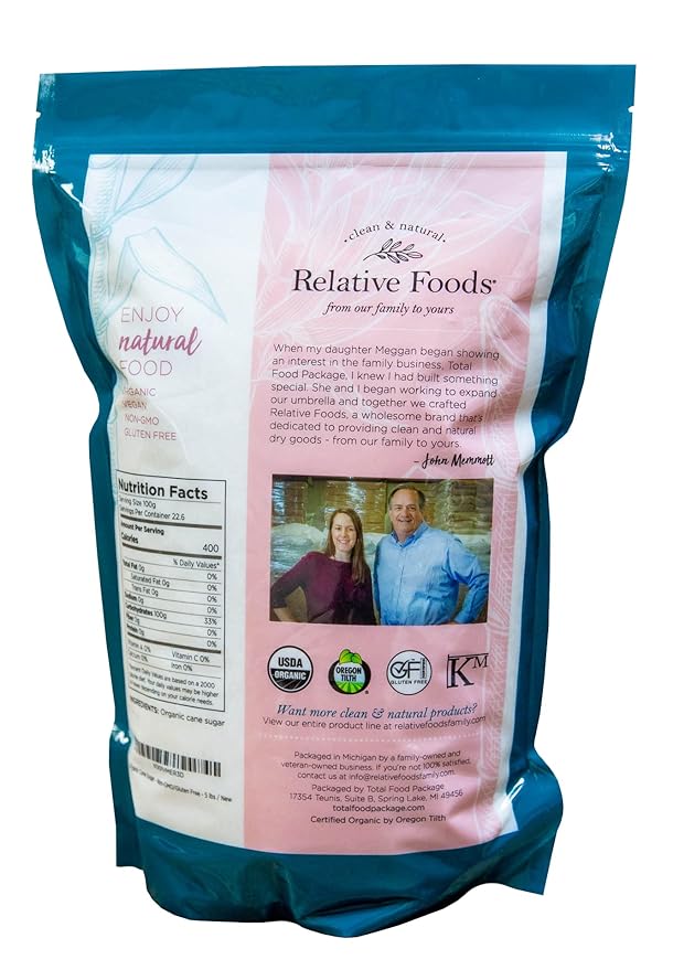 Organic Cane Sugar Crystals (5lb sugar packet) - Preservative & bone-char free, vegan food sugar substitute, gluten free, Non-GMO, fine natural sugar sweetener for cooking, beverages, & more