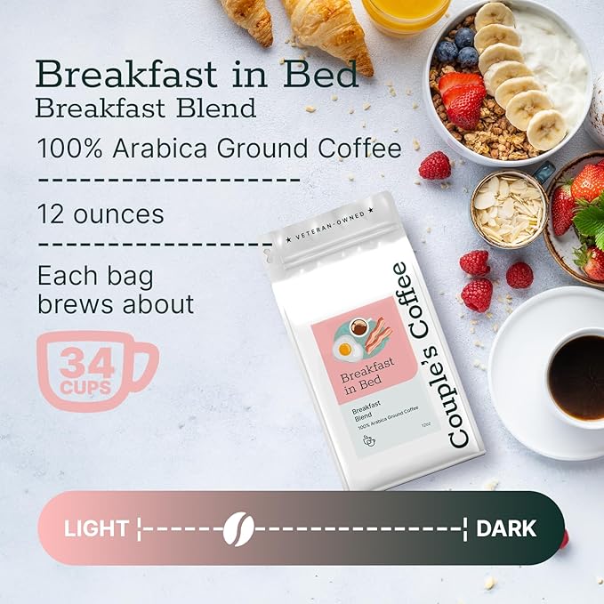 Couple?™s Coffee Ground Coffee | Gives Back to Military Families | Breakfast in Bed | Breakfast Blend Coffee | Made with 100% Arabica Beans | 12oz bag brews about 34 cups