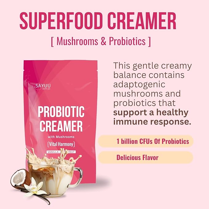 SAYUU Functional Probiotic Creamer With Mushrooms ??Enriched With Powerful Adaptogenic Mushrooms Like Lion's Mane, Reishi, And Cordyceps For Energy, Focus, And Stress Relief (30 Servings)