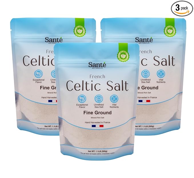 Sante Fine Ground Sea Salt From the Celtic Sea - 1.1lb (18oz) Pack of 3, Unrefined Organic French Sea Salt, Rich in 82+ Minerals Salt, 100% Natural & Hand Harvested