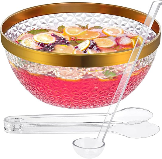 NiHome Gold Trim Clear Plastic Punch Bowl with Ladle and Tong for Parties, Weddings, BBQs, 1.4 Gallon Beverage Serving Bowl Complete Set for Cocktails, Salads, Snacks, Easy to Clean