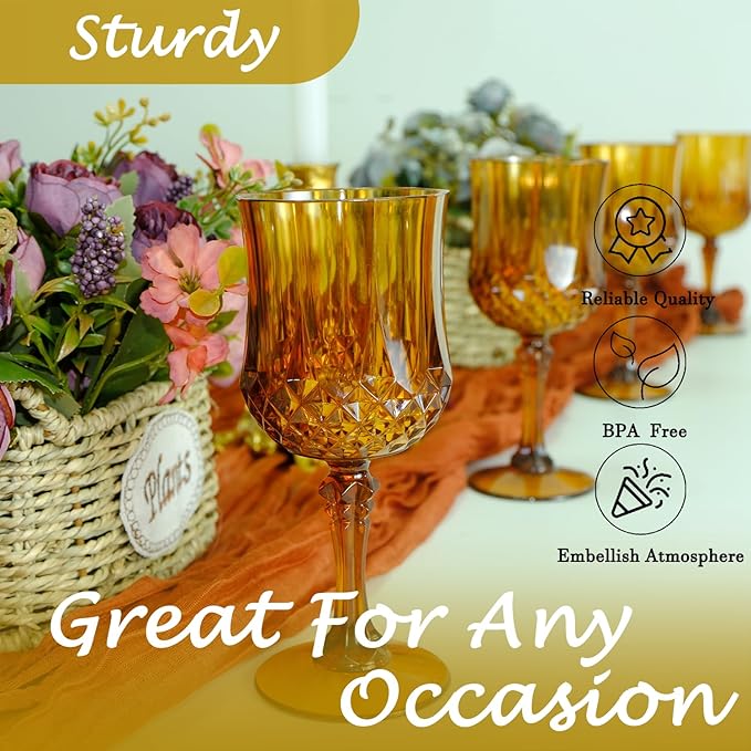 Plastic Wine Glasses，Plastic Goblets Vintage Style Cordial Drinking Glasses for Wedding Reception, Grand Event Party Supplies (48, Amber)