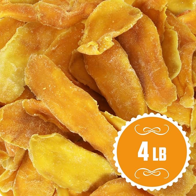 Dried Mango Slices - 4 Pound Bulk Pack, Soft & Juicy Sweet Dried Mango Healthy Snack, Delicious Texture, Chewy Ripened Mangos Dried Fruits with Natural Tangy Sweetness of Fresh Mangoes.