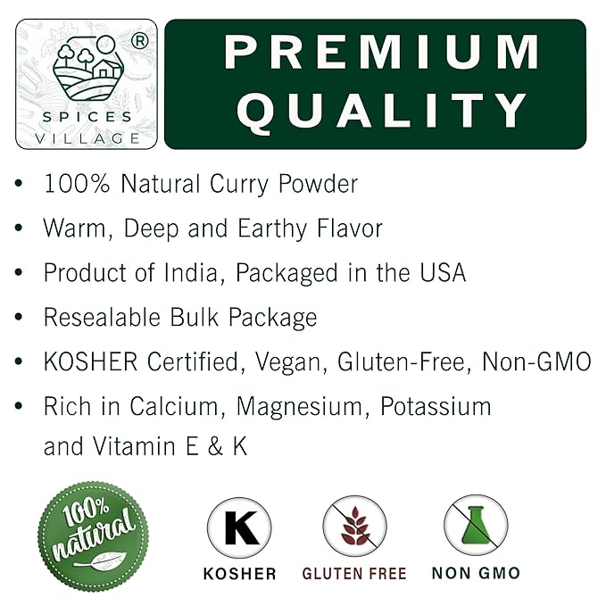 SPICES VILLAGE Yellow Indian Curry Powder, Curry Spice for Cooking, 8 oz, Natural Medium Madras Curry Mix, Kosher, Gluten Free, Non GMO, Salt Free, Resealable Bulk Bag