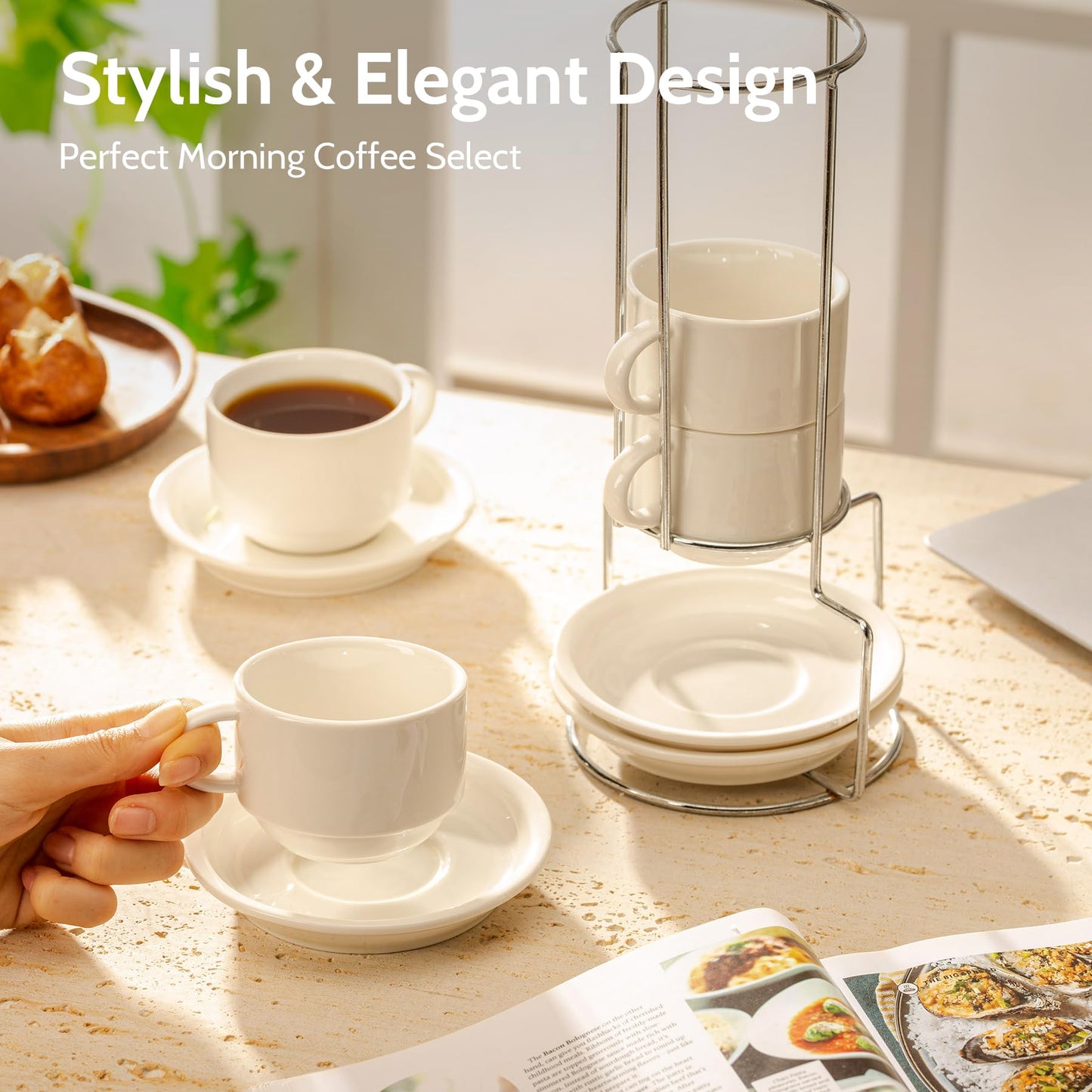 Sweese 8 Ounce Porcelain Stackable Cappuccino Cups with Saucers and Metal Stand - for Specialty