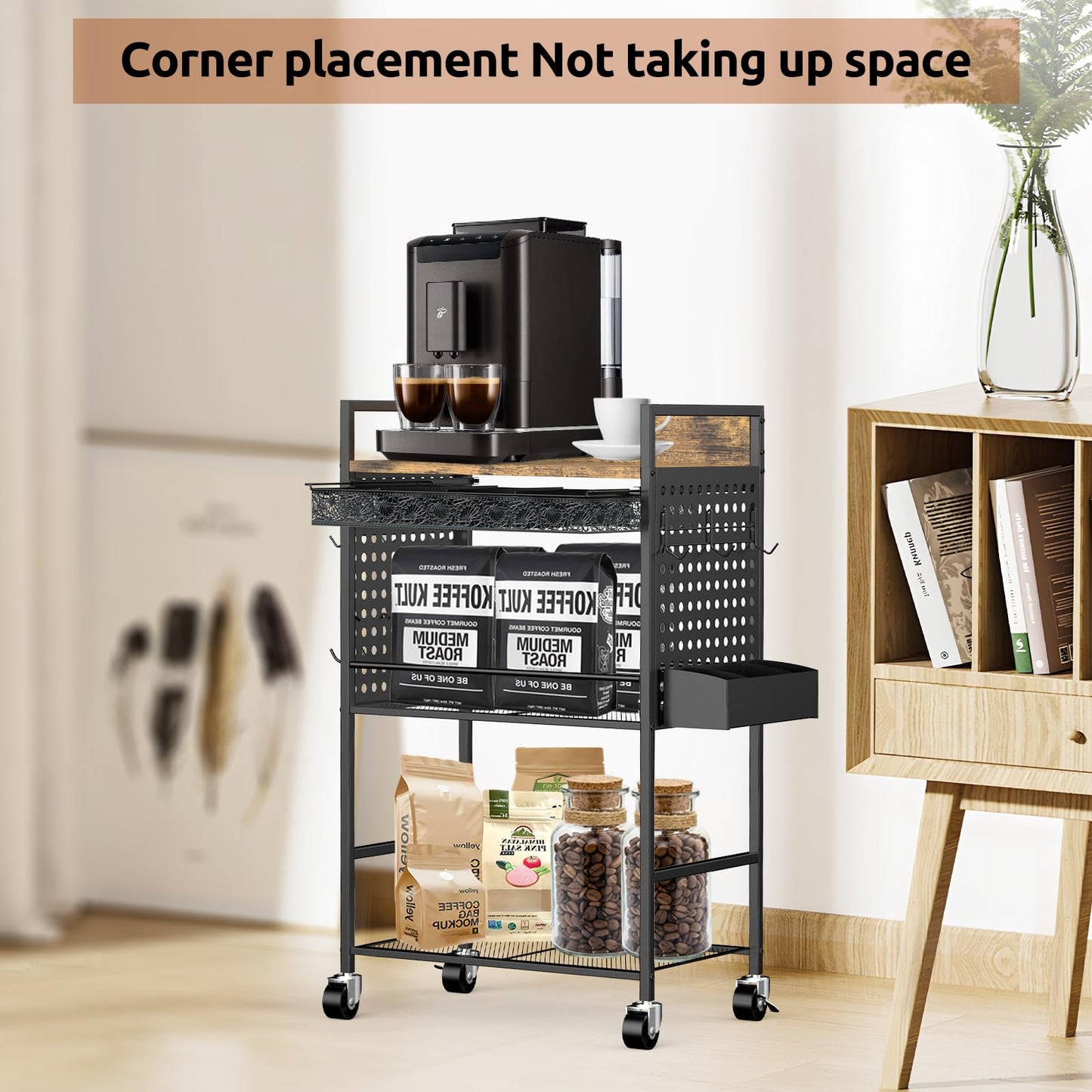 Compact Coffee Bar Cabinet, Rustic Brown & Black