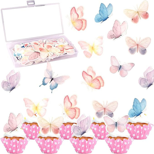 Rsstarxi 63 Pack Edible Butterfly Cake Decorations, Colorful Wafer Paper Cupcake Toppers Decorations for Baby Shower Butterfly Theme Birthday Wedding Anniversary Party Cake Decoration