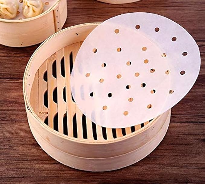 100pcs Air Fryer Liners, 10 inches Bamboo Steamer Liners, Premium Perforated Parchment Steaming Papers, Non-stick Steamer Mat Liner for Air Fryers Baking Cooking Oven
