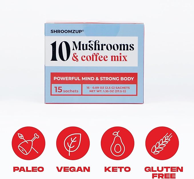 Mushroom Coffee Instant with 10 Mushrooms - 15 Single Packets with Reishi, Lion's Mane, Chaga, Turkey Tail, Cordyceps Mushrooms - Nootropic Mushroom Coffee for Energy Vegan Shroom Coffee