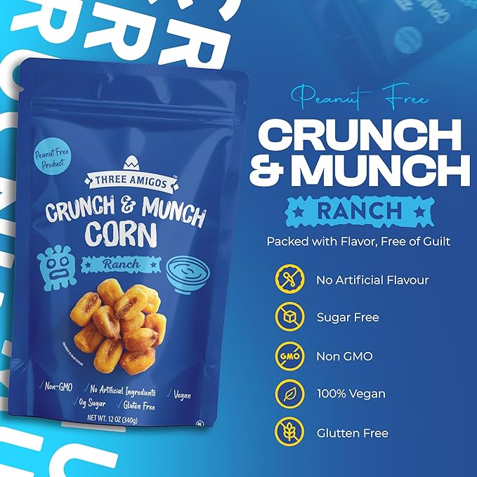 Three Amigos Corn Nuts Suger Free, 100% Vagan, Peanut Free Non-GMO (All Natural Ingredients) Guilt-Free snacking Toasted Corn Kernels in Reseable Bag - Crunchy & Munch Snack (12 OZ) (12 oz, Ranch)