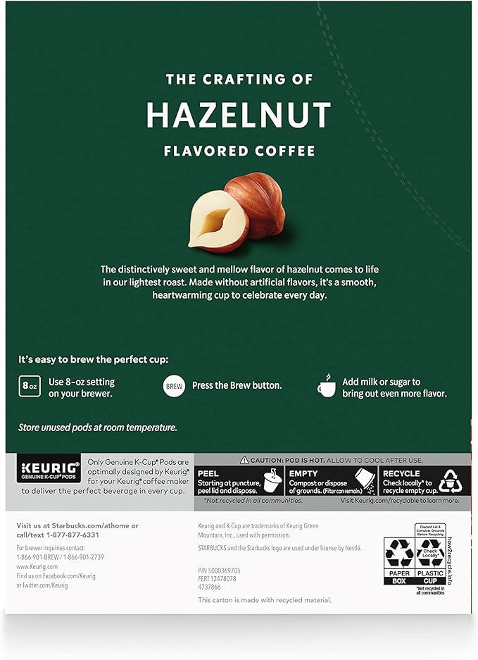 Starbucks K-Cup Coffee Pods, Hazelnut Flavored Coffee, Naturally Flavored, 100% Arabica, 6 boxes (60 pods total)