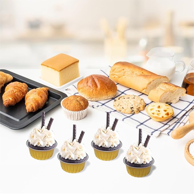 100 PCS Aluminium Foil Baking Cups, Mini Cake Pans with Lids and 100 PCS Spoons, 5 oz Disposable Baking Cups Foil Ramekins For Party Birthday Wedding Valentines (Gold)