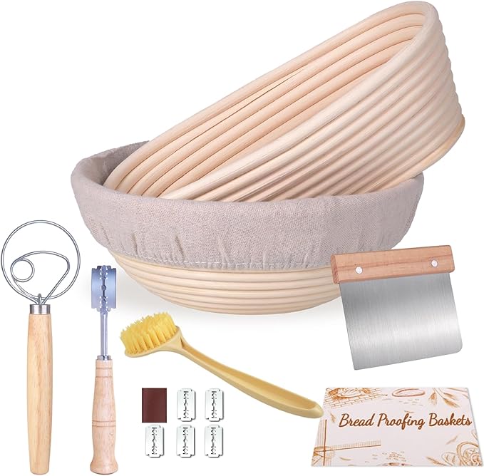 Banneton Bread Proofing Basket Set of 2, 9 Inch Round &10 Inch Oval Sourdough Bread Baking Suppliest, with Linen Liner,Danish Whisk,Bread Lame,Doung Scarper, Cleaning Brush for Bread Baking