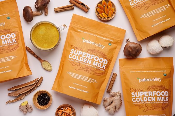 Paleovalley Organic Superfood Golden Milk - Immune, Focus, Cognitive, Longevity - Turmeric, MCT-Rich Coconut Milk, Functional Mushrooms, 30 Servings