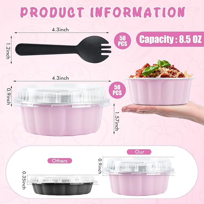 50 Pcs 8.5oz Round Mini Cake Pans with Lids and Spoons, Aluminum Foil Baking Cups, Disposable Ramekins Cupcake Muffin Tins Dessert Containers for Wedding Birthday Party Catering竊늁inkç«?,<div>