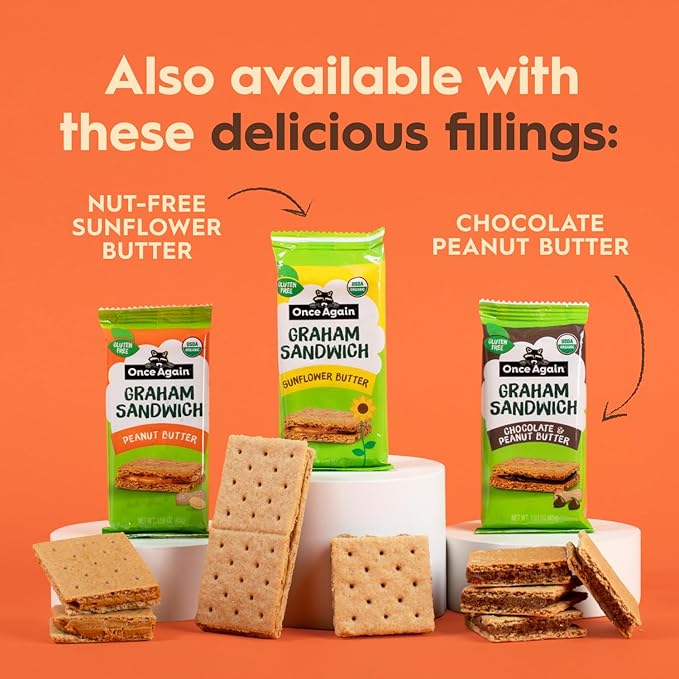 Once Again Peanut Butter Crackers Graham Sandwiches - Gluten Free Graham Crackers with Organic Peanut Butter Filling - Vegan, Organic Snacks for Kids - Lunch Snacks Individually Wrapped, 8 Count