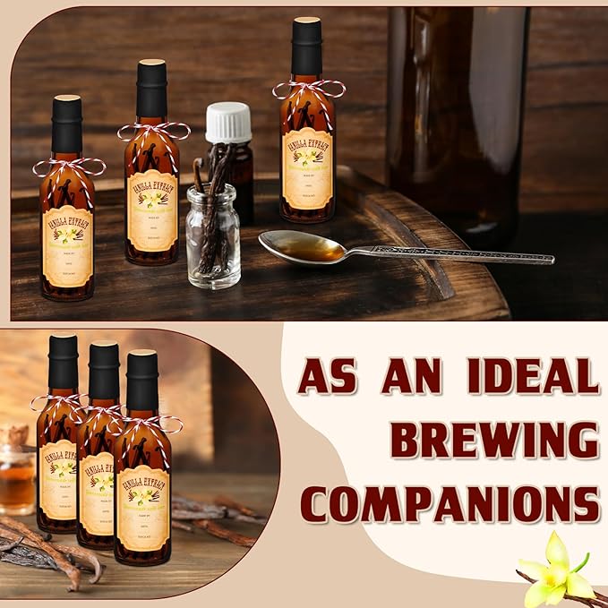 Tioncy 16 Pcs Vanilla Extract Bottles for Homemade Vanilla Jar Glass Bottle with Cap, Shrink Band, Sticker Syrup Gift Food Storage Canister for Bean Sauce Spice(Black, Brown,5 oz)