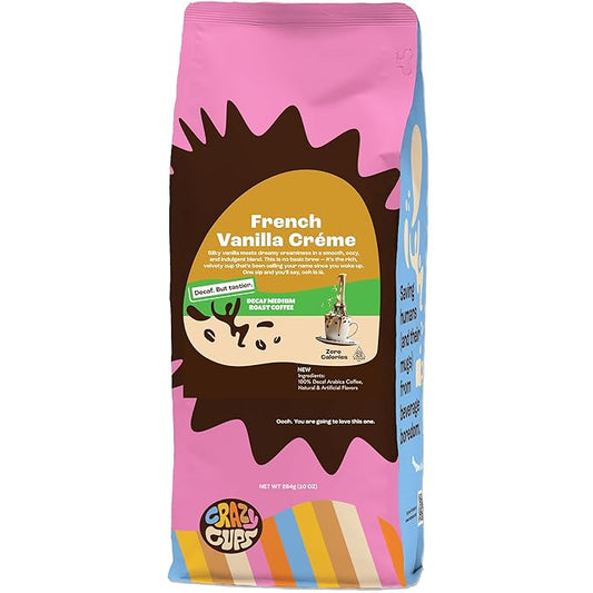 Crazy Cups Decaf Flavored Ground Coffee, French Vanilla Cr챔me, in 10 oz Bag, For Brewing Flavored Hot or Iced Decaf Coffee