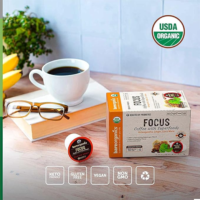 BareOrganics Focus Coffee Pods With Superfoods & Probiotics | Compatible | USDA Certified Organic, Vegan, Non-GMO & Recyclable Single Serve 10ct (Pack of 6)