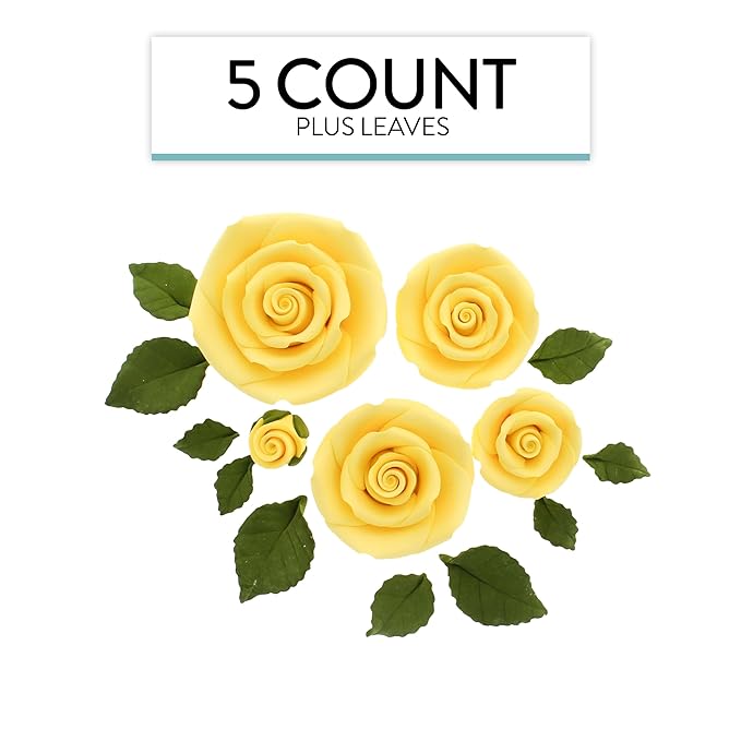 Global Sugar Art Exquisite Rose & Leaf Tray Sugar Cake Flowers, Yellow Unwired, 5 Count by Chef Alan Tetreault