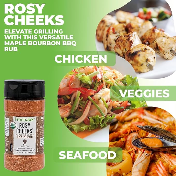 FreshJax Rosy Cheeks Organic Maple Bourbon BBQ Rub ??5.2 oz Large Bottle BBQ Seasoning for Brisket, Ribs, Pork & Chicken ??Sweet & Smoky Rub for Grilling, Smoking & Barbecue Cooking
