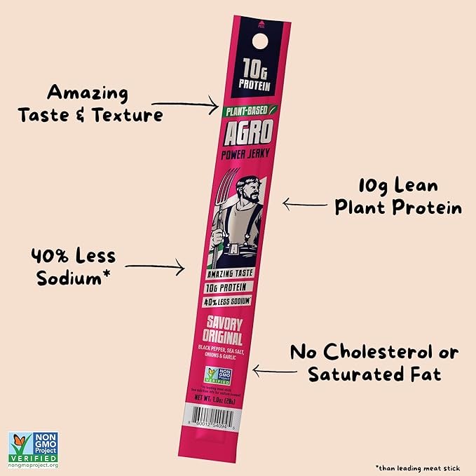 AGRO POWER Vegan Jerky Sticks ??Savory Original Flavor ??7-Stick Bag of Plant-Based Jerky with 10g Protein ??Non-GMO, Low Sodium, High Protein Vegan Snack ??Vegetarian Meat Alternative