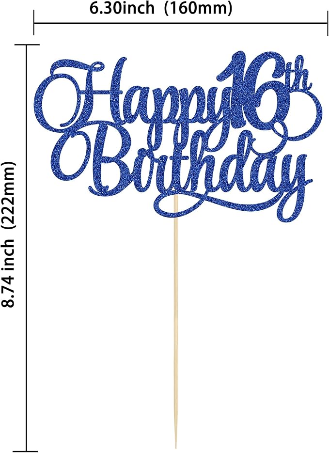 1 Pack Happy 16th Birthday Cake Topper Glitter Number 16 Sixteen Years Old Birthday Cake Pick Decoration for 16th Birthday Celebrating Anniversary Party Supplies Blue