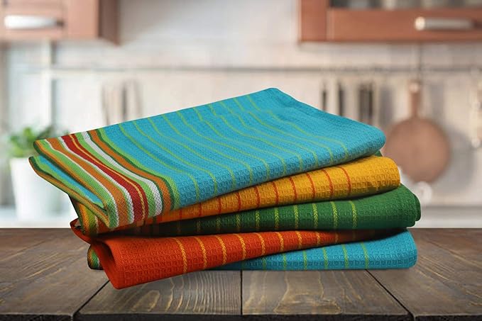 Salsa Stripe Kitchen Towels 100% Cotton Dish Towels for Kitchen Multi Color Highly Absorbent Multi-Purpose Waffle Dish Cloths for Cleaning Soft Hand Bar Towels 20x28 Inches (Set of 12)