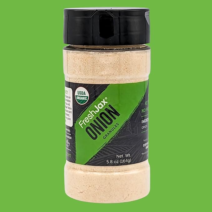 FreshJax Organic Onion Granules (5.8 oz Large Bottle) Certified Organic, Non GMO, Gluten Free, Keto, Paleo, No Preservatives Granulated Onion | Handcrafted in Jacksonville, Florida