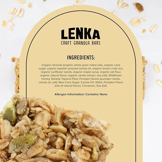 Lenka Bars - Pumpkin Spice Snack Bars, Gluten Free, High Fiber, Kosher, Wholesome, No Artificial Flavors, Individually Wrapped - 12 Pack