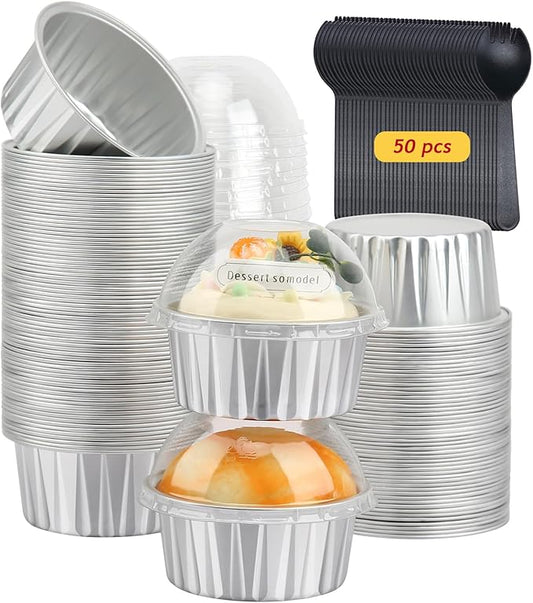 Cupcake Liners with Dome Lids 50 Pack,Free-Air 5oz Aluminum Foil Baking Cups Muffin Tin,Souffle Dessert Pudding Ramekin Holders for Individual Bakery Wedding Birthday Party,with 50 Spoons-Silver
