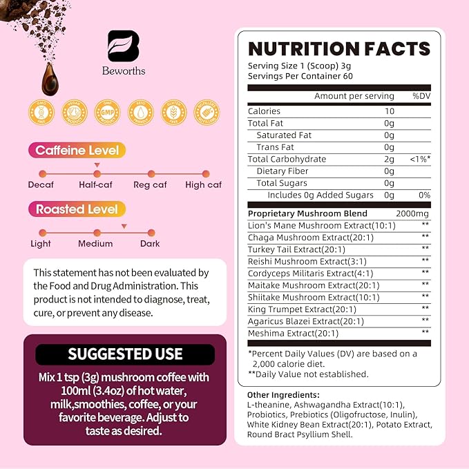 B BEWORTHS Mushroom Coffee, Slim Mushrooms Coffee Powder with Ashwagandha, Prebiotics, L-theanine, Lion's Mane, Reishi, Chaga, Turkey Tail, Mixed Arabica Instant Coffe for Focus, Immune & Gut Health