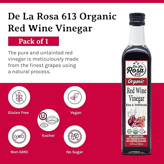 De La Rosa Organic Red Wine Vinegar, Raw & Unfiltered, Kosher for Passover, Vegan, Non-GMO & Gluten Free, Great for Salad Dressings, Marinades & More, Organic Red Wine Vinegar, 16.9 Oz (Pack of 1)