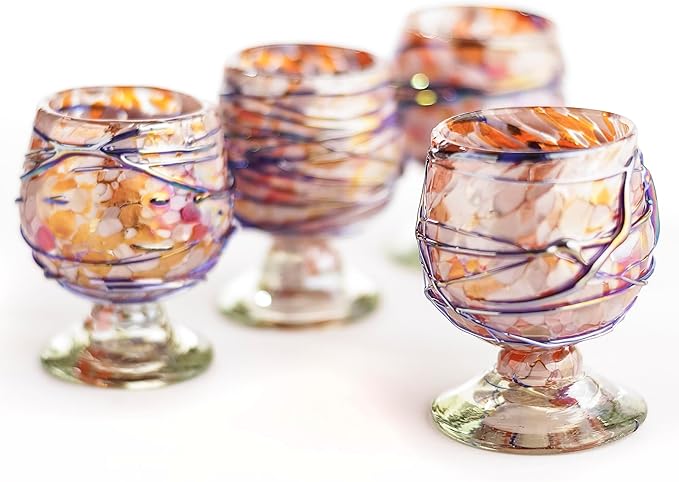 Authentic Mexican Tequila Hand Blown Shot Glasses - Set of 4-2 oz - Mini Glass Snifters - Heavy Base - Cognac (Blue Flame Burst)