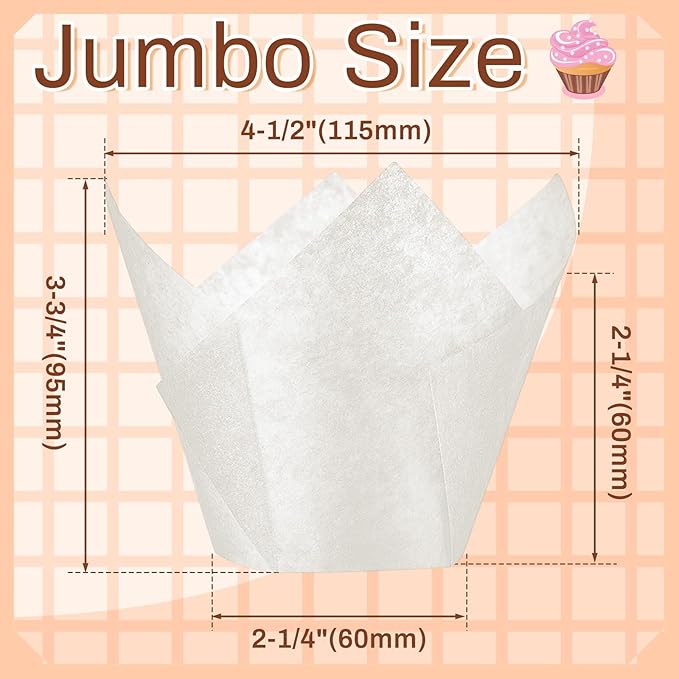 300 Pcs Jumbo Muffin Liners for Baking 2-1/4" x 4" Large Tulip Cupcake Liners Greaseproof Cupcake Wrapper Paper for Weddings Birthday Christmas Anniversaries Party (Light Brown,White,Brown)