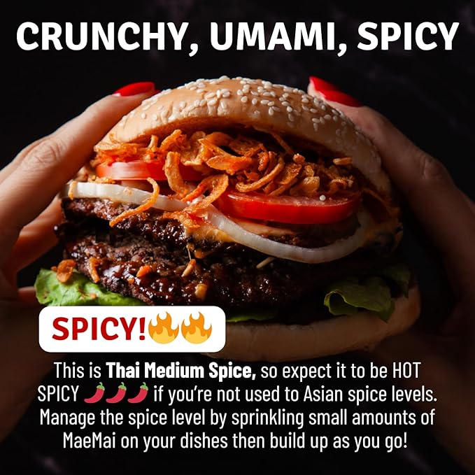 MaeMai Medium Spice (SPICY) - Crispy Onions & Garlic Flakes - Crunchy All-Purpose Seasoning, Keto, Salad Toppings, Fried Onions - Ramen, Rice Seasoning, Vegan, Gluten-free | 3.17oz (90g)