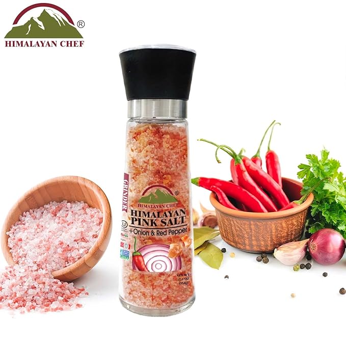 Himalayan Chef Pink Salt with Roasted Onion & Red Crushed Pepper, Tall Glass Grinder, 10.58 Oz